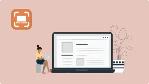 Eine Illustration zeigt eine Frau, die auf dem Boden vor einem großen Laptop-Bildschirm sitzt und an einem Dokument oder einer Webseite arbeitet. Das Screenshot-Symbol in der oberen linken Ecke und der Fokus auf den Bildschirminhalt lassen darauf schließen, dass sie mit dem Tool einen präzisen Windows-Screenshot erstellen könnte.