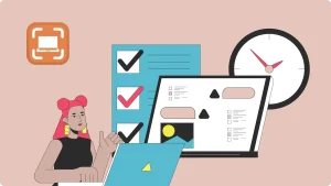 Illustration showing a woman with pink hair at a desk using a laptop, large checklist with tick marks, a digital screen with shapes and lists, and a round wall clock in the background. The orange icon in the corner represents a screen capture, referencing "Screenshot Windows 10 Ausschnitt" tutorial or guide theme.