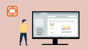 Illustration eines Bildschirmaufnahmekonzepts: Ein Mann steht neben einem Computerbildschirm mit Bildlayout und einem Aufnahmesymbol. Relevant für die Screenshot Windows Tastenkombination.