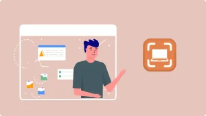 Eine Illustration eines Mannes in einem Schwarz Hemd, der vor einer browserähnlichen Oberfläche steht, die verschiedene digitale Elemente und Daten anzeigt. Rechts davon befindet sich ein großes orangefarbenes Symbol mit einem weißen Laptop-Bildschirm innerhalb eines Klammerdesigns, das die Funktion Screenshot machen Windows symbolisiert.