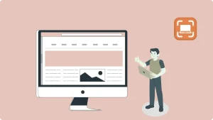 Eine Illustration, die einen Mann zeigt, der einen Daumen hoch hält und einen Laptop in der Hand hat. Er steht neben einem großen Desktop-Monitor, auf dem ein Webseiten-Layout im Wireframe-Stil angezeigt wird. Dieses Bild bezieht sich auf die Anweisung 'Screenshot machen Windows'. Der Hintergrund ist eine sanfte Rosa-/Pfirsichfarbe, und in der oberen rechten Ecke befindet sich ein stilisiertes Monitorsymbol in Orange.
