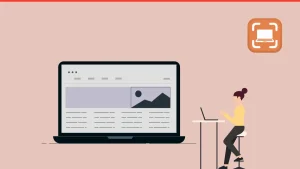 Eine Illustration, die eine Frau zeigt, die vor einem großen Laptop sitzt und auf einer Tastatur tippt. Auf dem Laptop-Bildschirm wird eine Webseite oder ein Dokument mit Platzhaltern für Text und ein Bild angezeigt. Oben rechts befindet sich ein stilisiertes Symbol, das ein Fensteraufnahme-Tool darstellt. Dieses Bild veranschaulicht die Arbeit am Computer und die Funktion der Screenshot Windows 10-Erstellung.