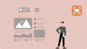 Eine Illustration, die einen Mann mit einem Laptop zeigt, der rechts neben einem stilisierten, grauen Benutzerinterface-Design (einem Dashboard mit einem großen Bildplatzhalter, Listen, Diagrammen und Kontrollkästchen) steht. In der oberen rechten Ecke befindet sich ein markantes orangefarbenes quadratisches Symbol, das einen Laptop-Bildschirm in einem Aufnahmerahmen darstellt, was auf eine Funktion zur Screenshot Windows 10 Tastenkombination (Bildschirmaufnahme) hindeutet. Der Hintergrund ist ein sanfter Rosa-Beige-Ton.