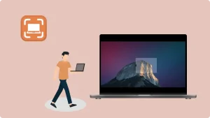 Illustration, die eine Person zeigt, die einen kleinen Laptop neben einem großen Laptop-Bildschirm hält, auf dem ein Berg-Hintergrundbild mit einem Auswahlrahmen für einen Screenshot Windows Ausschnitt (Windows Screenshot-Ausschnitt) zu sehen ist. Außerdem ist ein orangefarbenes Bildschirmaufnahme-Symbol sichtbar.