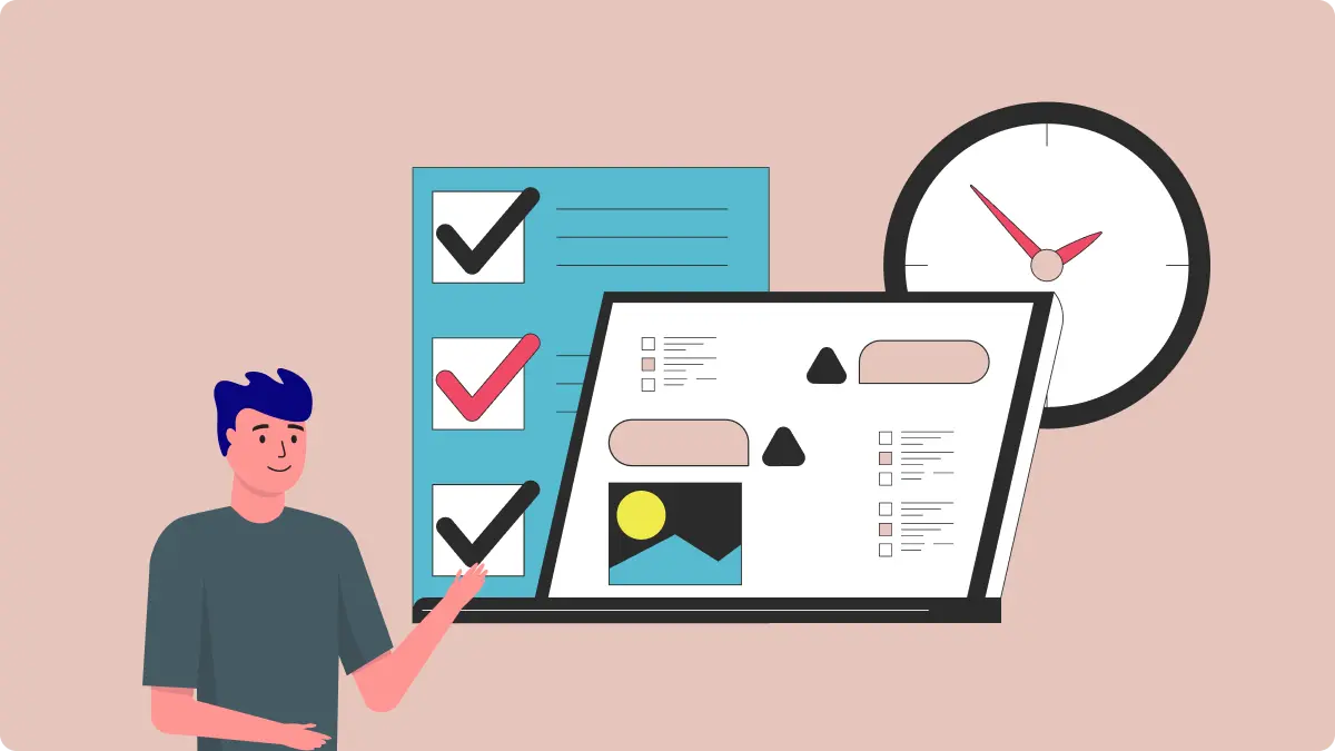 Eine flache Illustration eines Mannes, der auf einen Laptop zeigt, um die Funktion Screenshot Windows zu veranschaulichen. Im Hintergrund sind eine große Checkliste mit Häkchen und eine Uhr zu sehen, die effizientes Zeitmanagement symbolisieren.