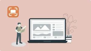 Eine farbenfrohe Illustration eines Mannes, der auf einen Laptop zeigt, um die Effizienz der Funktion Screenshot Windows zu verdeutlichen. Im Hintergrund sind eine große Checkliste und eine Uhr zu sehen, die für Produktivität und Zeitmanagement stehen.