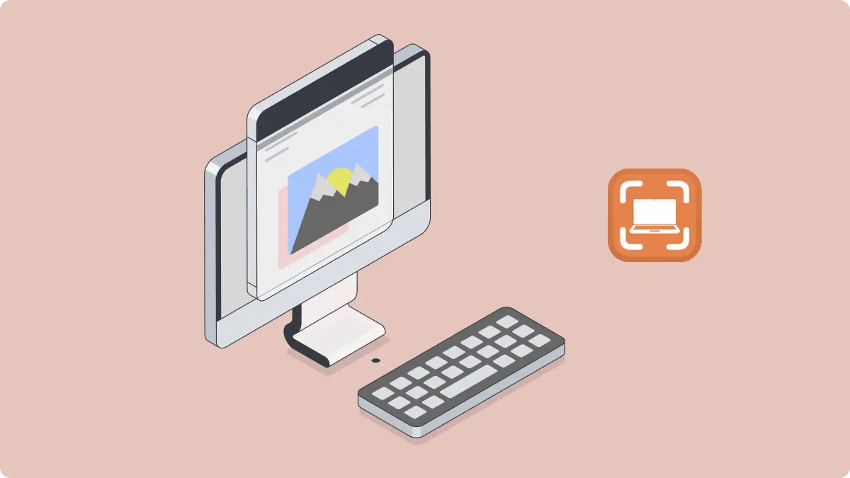 Eine Abbildung zeigt einen Desktop-Computer mit einem Bildschirm, auf dem ein Foto angezeigt wird, und einem darüberliegenden Fenster, das den Vorgang des Erstellens eines Screenshots verdeutlicht. Das zugehörige orangefarbene Symbol und die Tastatur heben die notwendigen Schritte zum Erstellen eines PC Screenshot machen Windows 10 hervor.