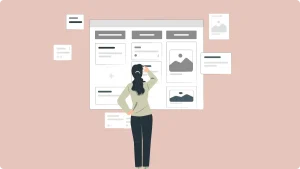 Eine Frau steht vor einer komplexen Weboberfläche und wirkt verwirrt oder nachdenklich, während sie das Layout betrachtet, das einem belebten Bildschirm wie einem PC Screenshot Windows 10 ähnelt.