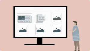 Eine vereinfachte Illustration zeigt eine Person neben einem großen Desktop-Computermonitor. Auf dem Bildschirm werden verschiedene digitale Dokumente und Platzhaltersymbole angezeigt, was auf einen Prozess PC Screenshot Windows 10 oder die allgemeine Dateiverwaltung am Computer hindeutet.