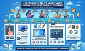 Dies ist eine Infografik mit dem Titel „Möchten Sie schnell und unkompliziert einen Screenshot auf Windows erstellen?“. Sie veranschaulicht in vier Schritten, wie man Bildschirmfotos macht: über die Drucken-Taste, das Snipping Tool, die Windows Game Bar sowie über Drittanbieter-Apps. Oben werden verschiedene Nutzergruppen wie Schüler, Designer und Lehrer gezeigt.